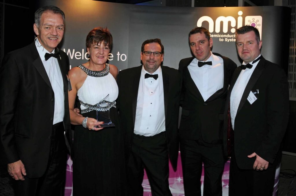 Derek Boyd CEO NMI Karen Mclelland Paul Smith Adrian Lee from Xaar with Owen Tangey Ichor Systems Award sponsor.