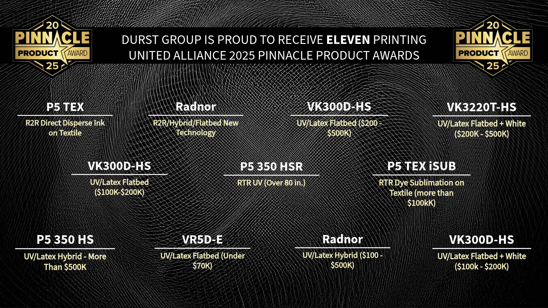 Read more about the article Durst Group’s incredible eleven 2025 PRINTING United Alliance Pinnacle Awards
