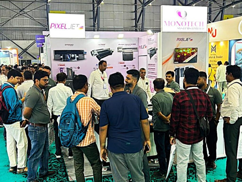 Crowded stall of Monotech Systems Limited at Media Expo Mumbai 2026